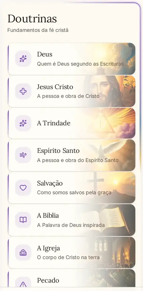 Tela Doutrinas do app Bíblia Fácil