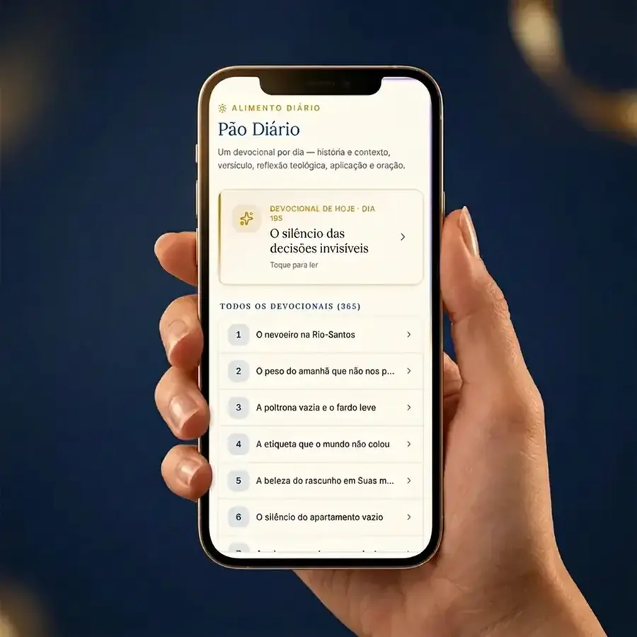 Mão segurando celular com o módulo Alimento Diário do app Bíblia Fácil