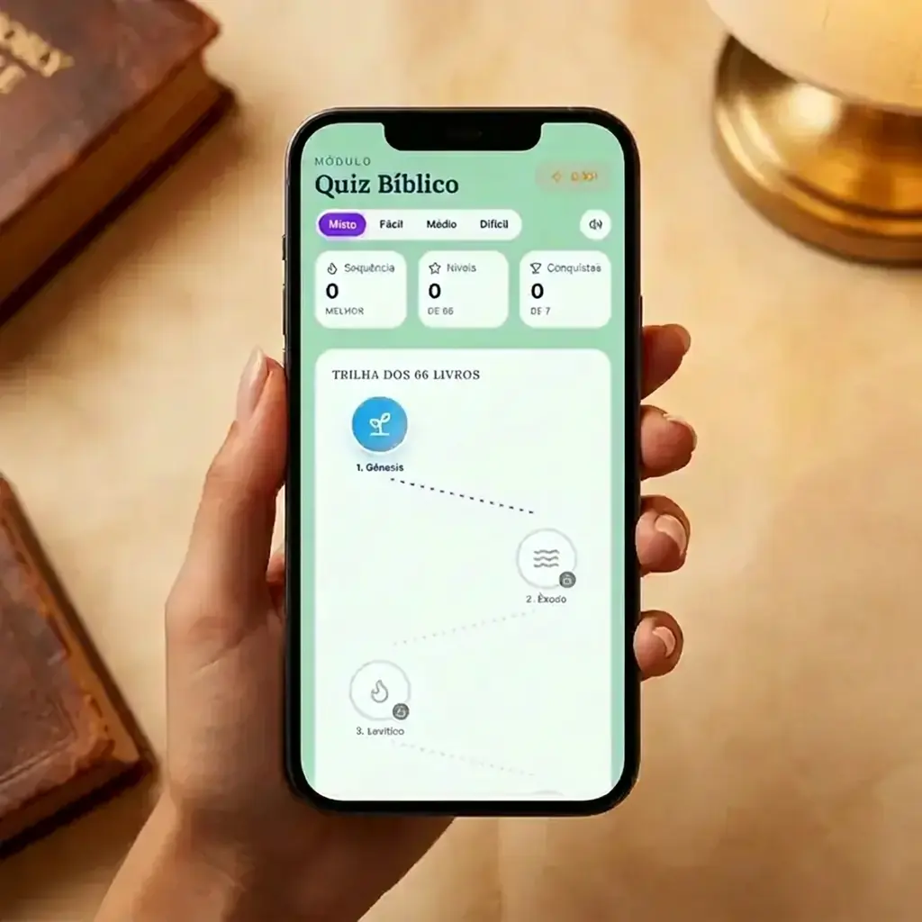 Mão segurando celular com o Quiz Bíblico do app Bíblia Fácil