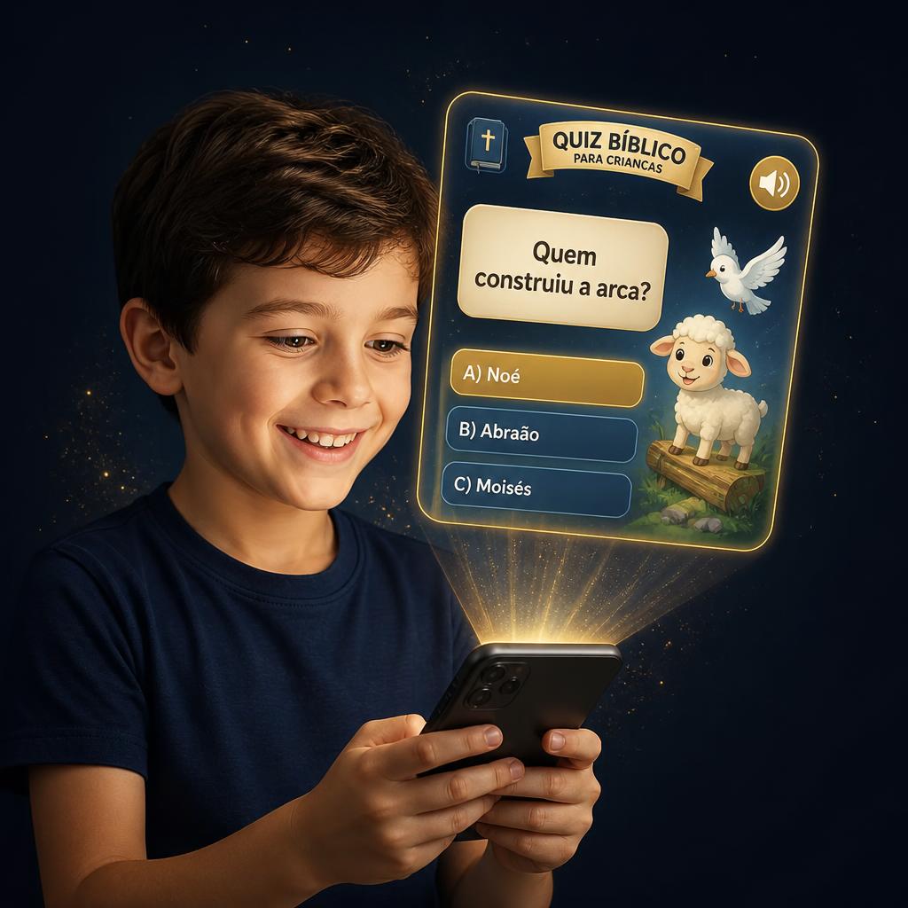 Criança sorrindo com celular e holograma das telas do app Bíblia Fácil