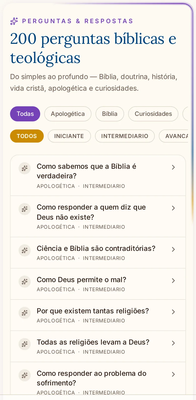 Tela Perguntas do app Bíblia Fácil